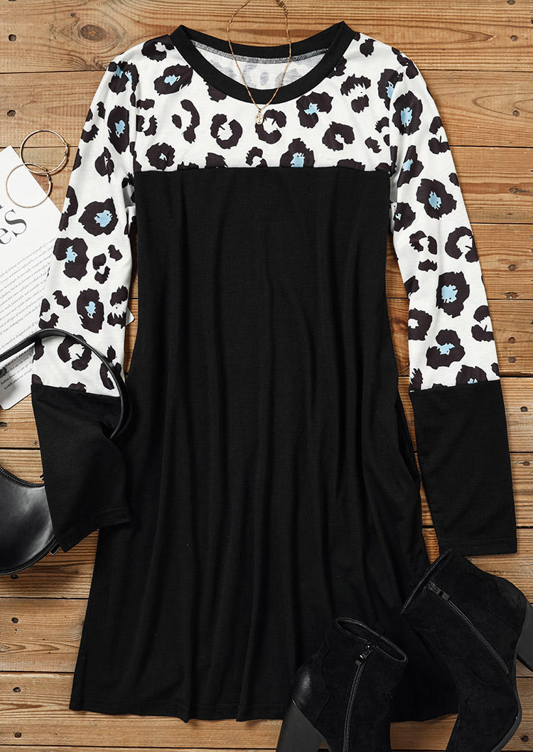 Leopard Pocket Long Sleeve Mini Dress - Black