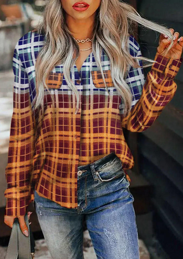 

Gradient Plaid Decorative Fake Pocket Long Sleeve Shirt, Multicolor, SCM008304