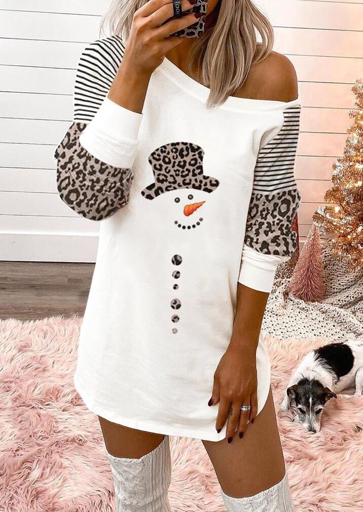 Christmas Snowman Striped Leopard Sweatshirt Mini Dress - White