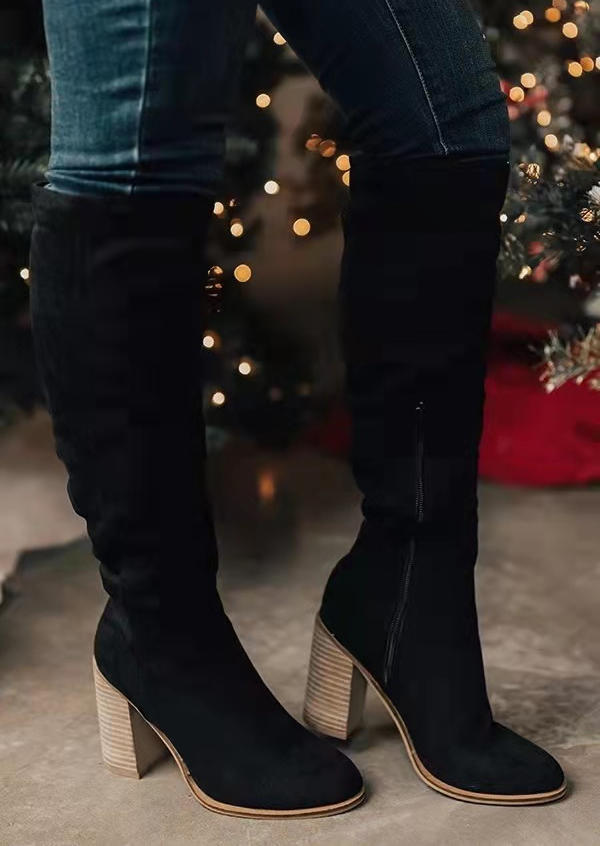 Zipper Knee-High Heeled Boots - Black
