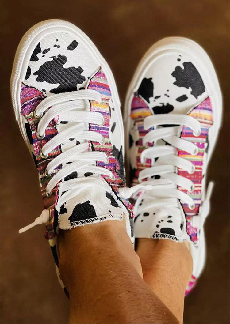 

Serape Striped Cow Lace Up Round Toe Flat Sneakers - White, SCM008429