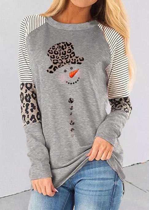 

Christmas Snowman Striped Leopard T-Shirt Tee - Gray, SCM008559