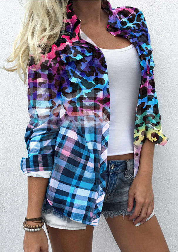 

Gradient Leopard Plaid Pocket Turn-Down Collar Shirt, Multicolor, SCM008571