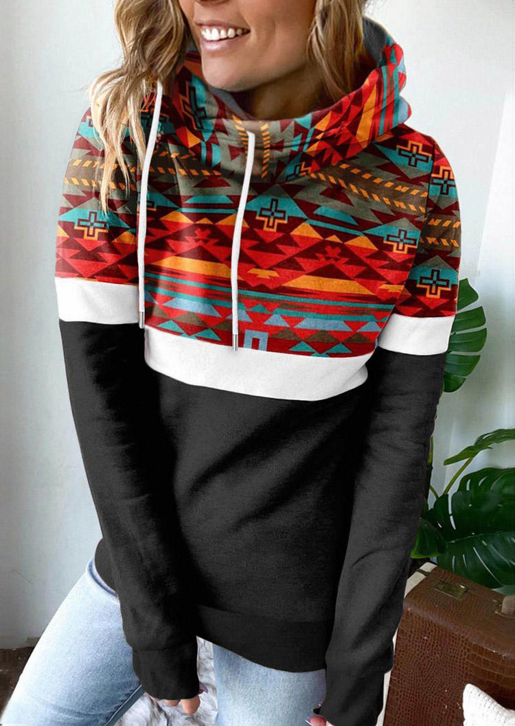 

Aztec Geometric Color Block Drawstring Hoodie - Black, SCM007162