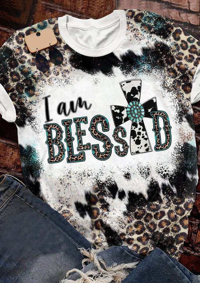 

I Am Blessed Turquoise Cross Leopard T-Shirt Tee, Multicolor, SCM007353