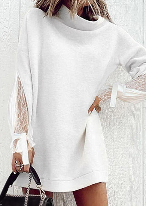 Lace Splicing Long Sleeve Turtleneck Mini Dress - White