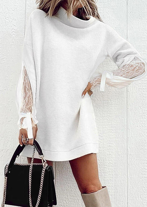 Lace Splicing Long Sleeve Turtleneck Mini Dress - White