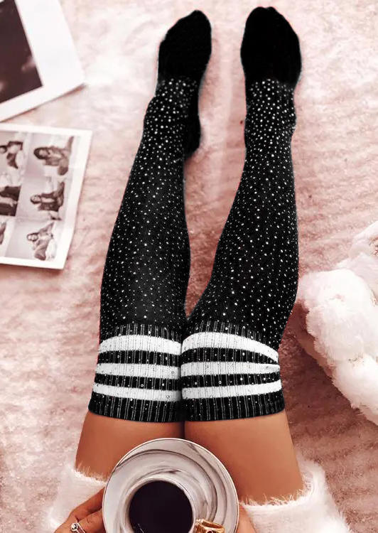 

Striped Rhinestone Warm Over Knee Extra Long Socks - Black, SCM007739