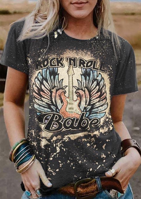 

Rock 'N Roll Babe Guitar Bleached T-Shirt Tee - Dark Grey, Gray, SCM007942