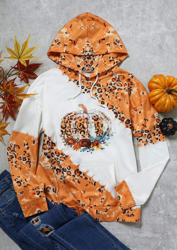Pumpkin Leopard Drawstring Kangaroo Pocket Hoodie - Orange