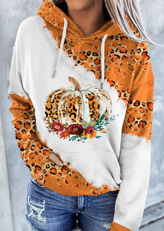 

Pumpkin Leopard Drawstring Kangaroo Pocket Hoodie - Orange, SCM007944