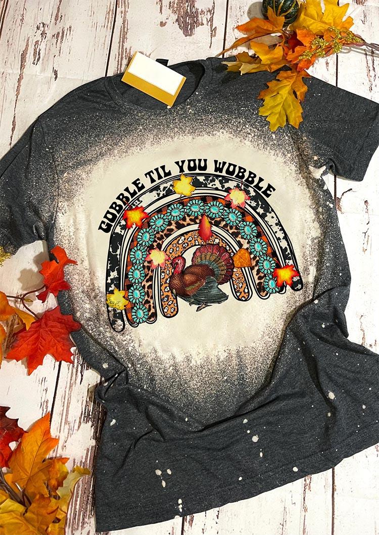 

Gobble Til You Wobble Turkey Bleached T-Shirt Tee - Dark Grey, Gray, SCM007945
