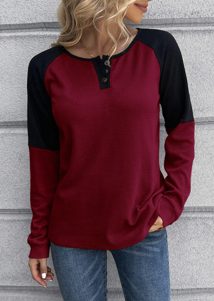 

Color Block Button Long Sleeve Waffle Blouse - Red, SCM007973