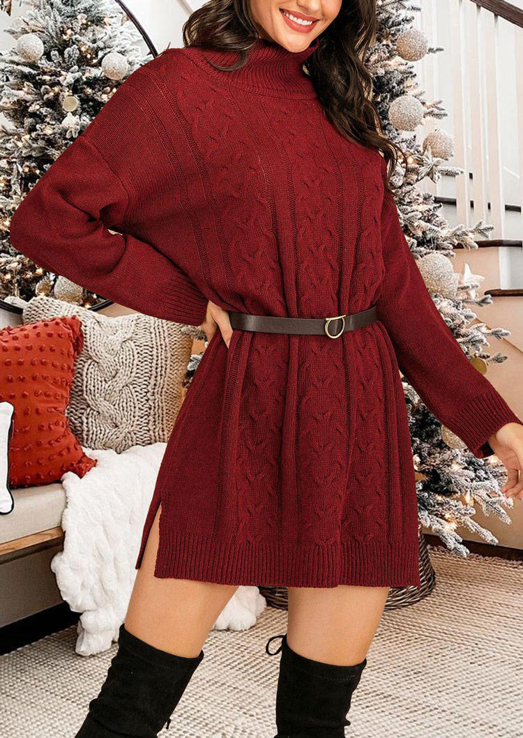 

Crocheted Turtleneck Long Sleeve Sweater Dress - Red, SCM008000