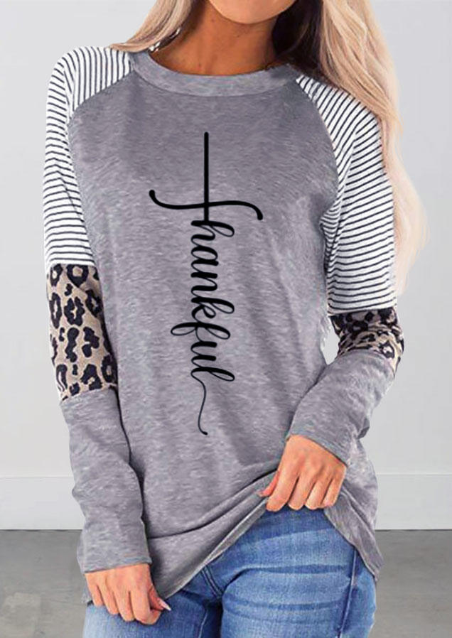 

Thankful Striped Leopard O-Neck T-Shirt Tee - Gray, SCM008029