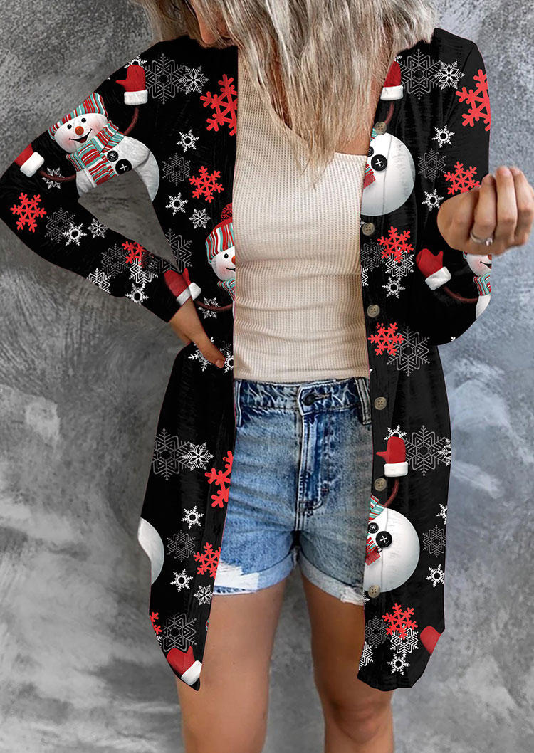 

Christmas Snowflake Snowman Button Cardigan - Black, SCM008041