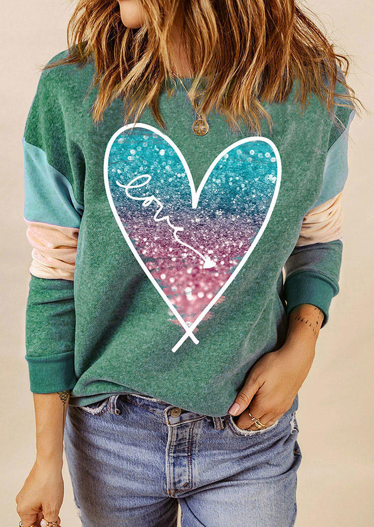 

Gradient Glitter Love Heart Color Block Sweatshirt - Green, SCM008062