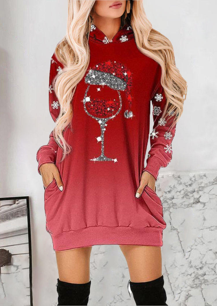 

Christmas Hat Wine Glass Gradient Snowflake Pocket Hooded Mini Dress - Red, SCM008091