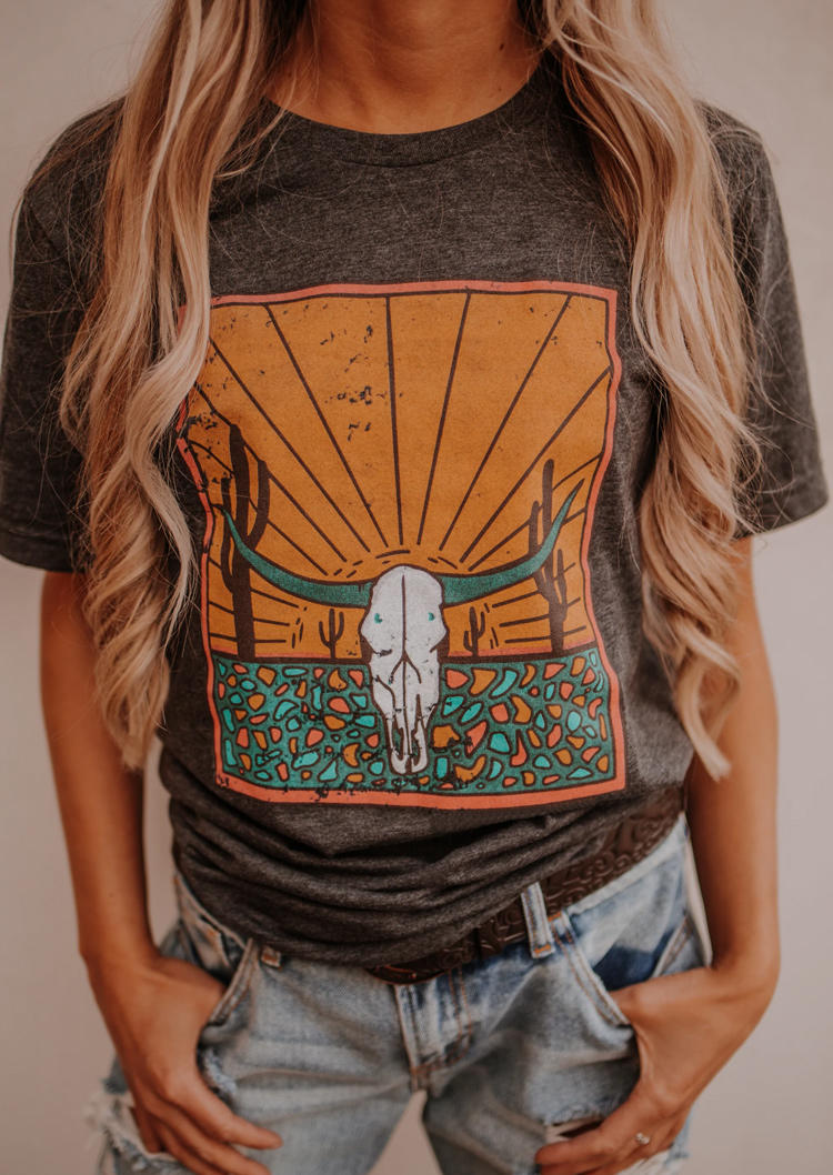 

Steer Skull O-Neck T-Shirt Tee - Dark Grey, Gray, SCM008108