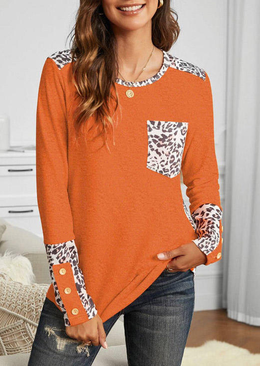 

Leopard Button Pocket O-Neck Blouse - Orange, SCM008134