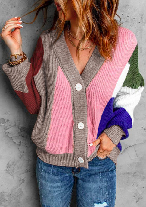 

Color Block Button Sweater Cardigan, Multicolor, SCM008146