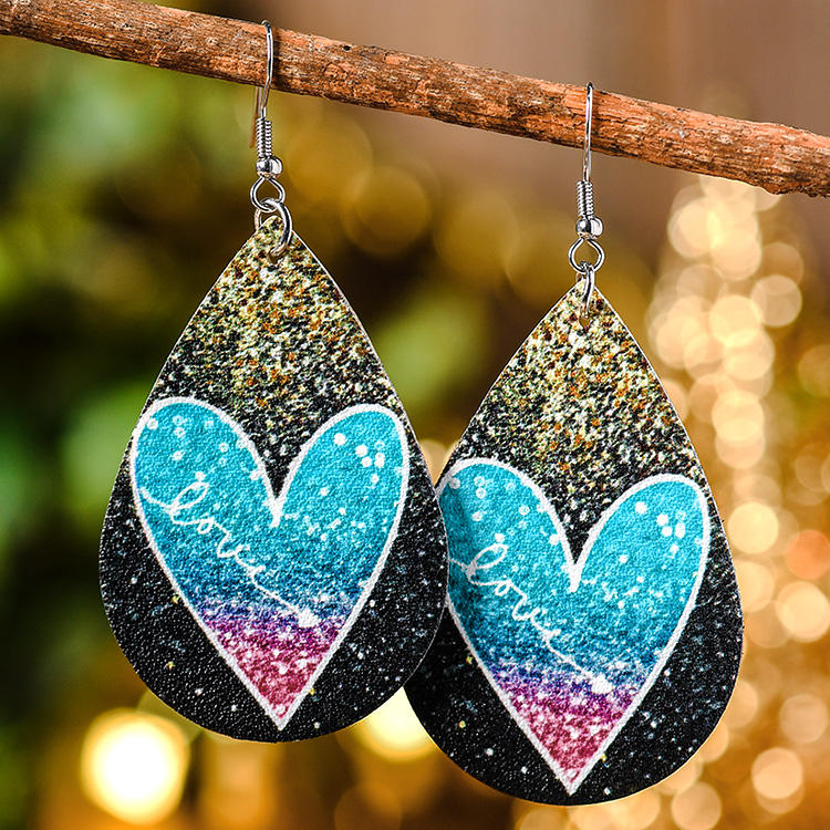 Gradient Glitter Love Heart Water Drop Earrings