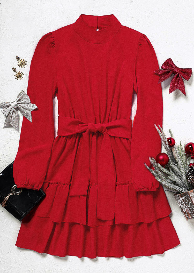 Button Ruffled Long Sleeve Turtleneck Mini Dress - Red