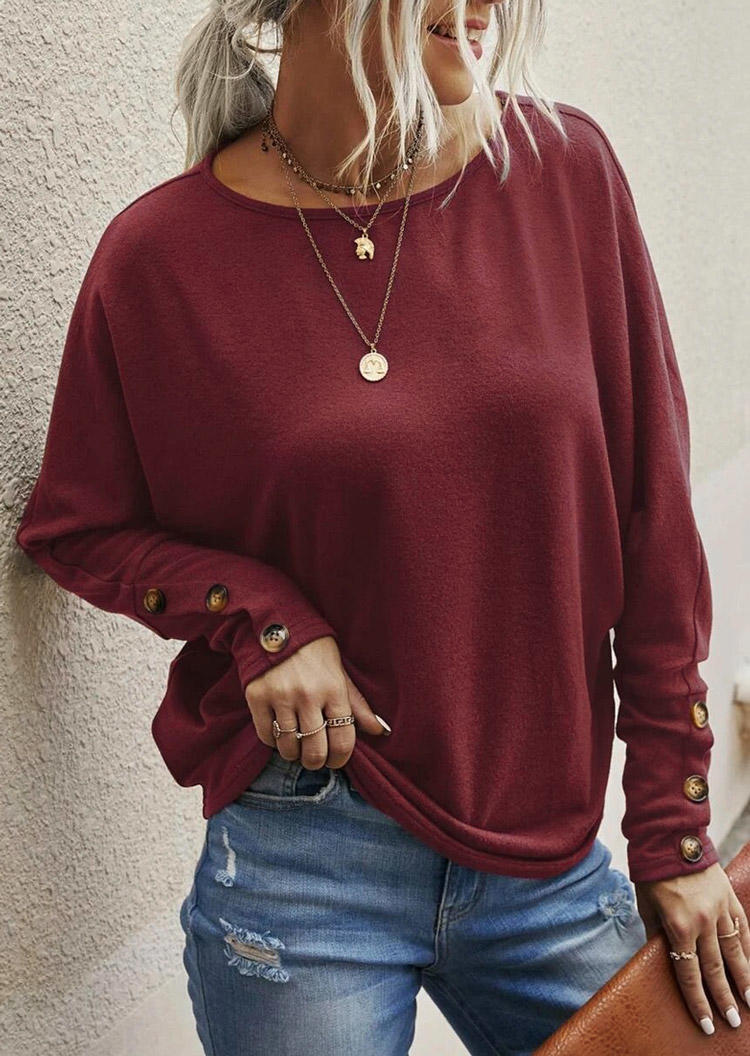 

Button Long Sleeve O-Neck Blouse - Burgundy, Red, SCM008208