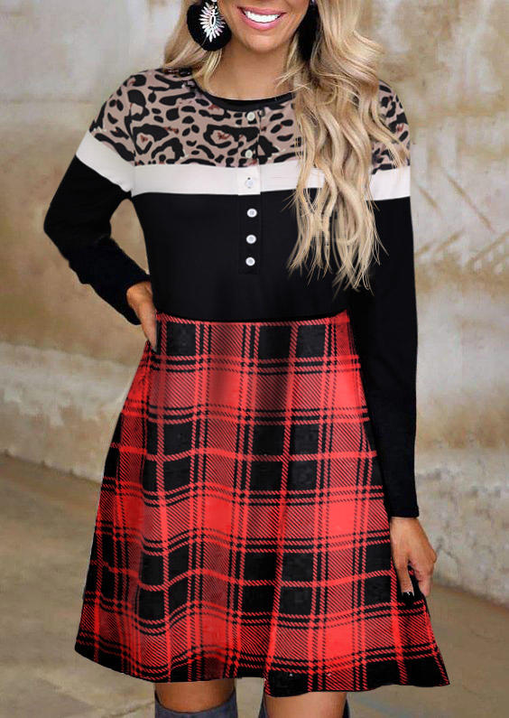 

Leopard Color Block Plaid Button Mini Dress, Multicolor, SCM008296