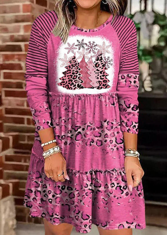 Christmas Tree Snowflake Striped Leopard Ruffled Mini Dress - Pink