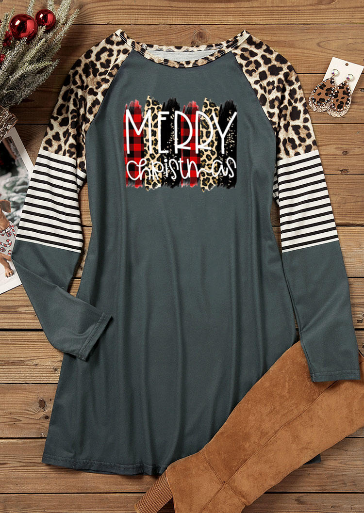 Merry Christmas Leopard Striped Long Sleeve Mini Dress