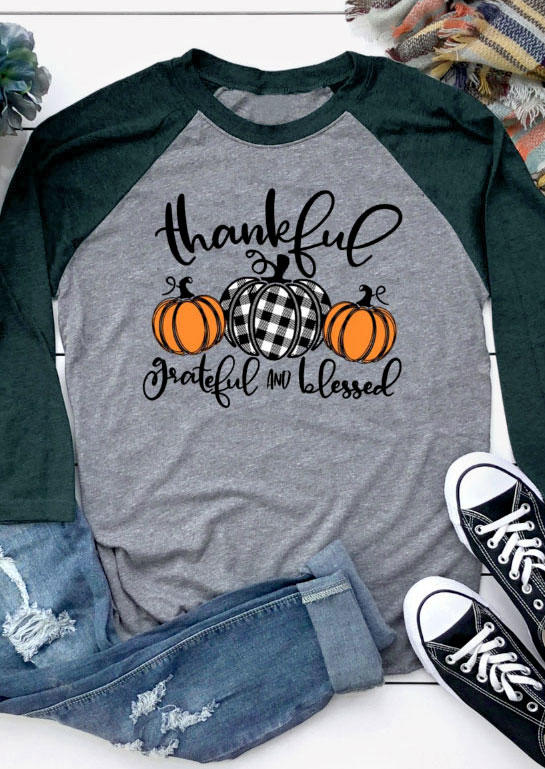 

Thankful Grateful And Blessed Pumpkin Plaid O-Neck T-Shirt Tee - Gray, SCM008398