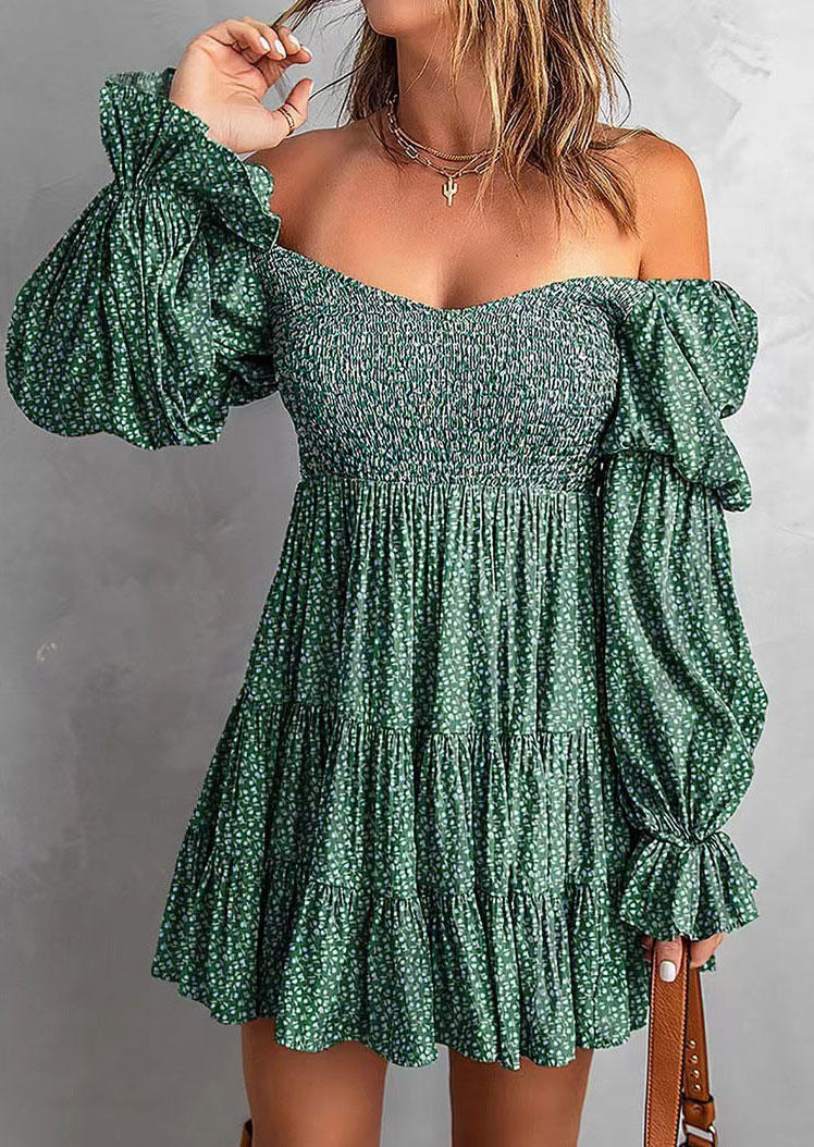 

Ditsy Floral Ruffled Smocked Mini Dress - Green, SCM008442