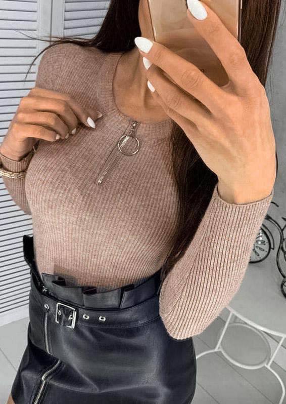 Zipper Long Sleeve Casual Sweater - Khaki