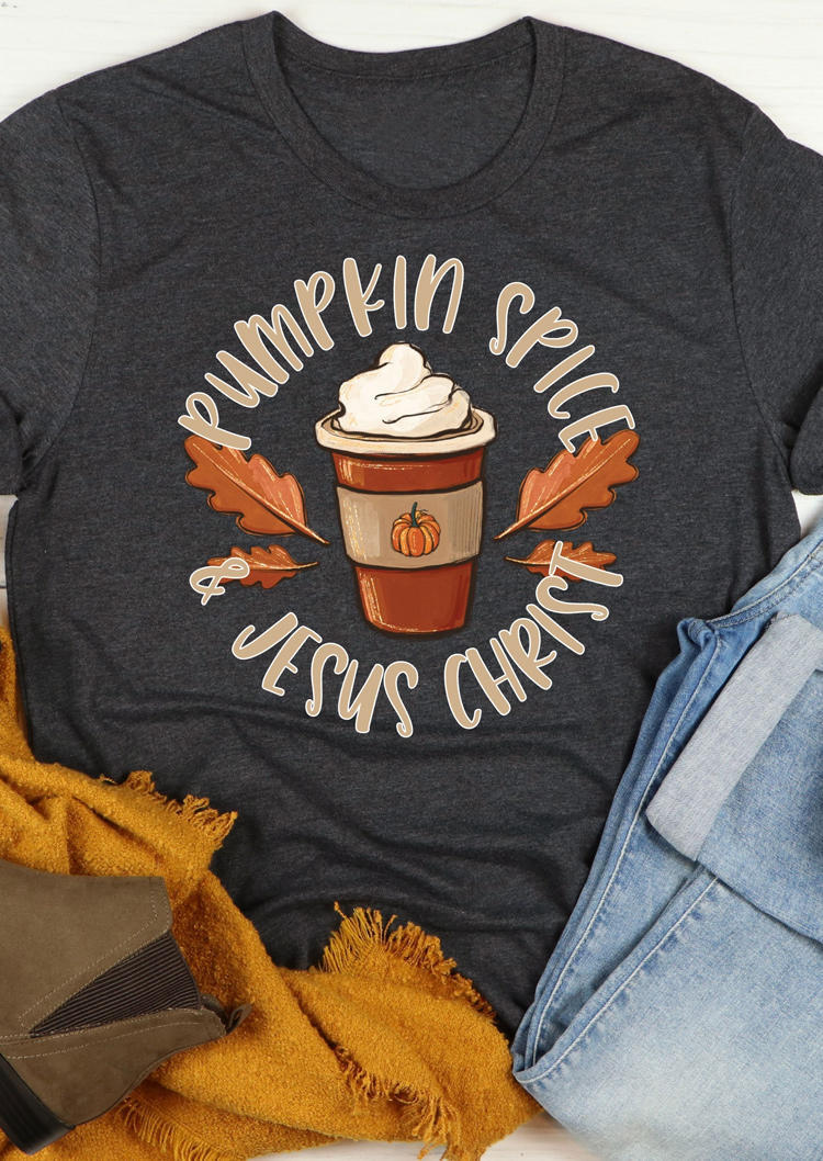 

Pumpkin Spice & Jesus Christ Leaf O-Neck T-Shirt Tee - Dark Grey, Gray, SCM007681