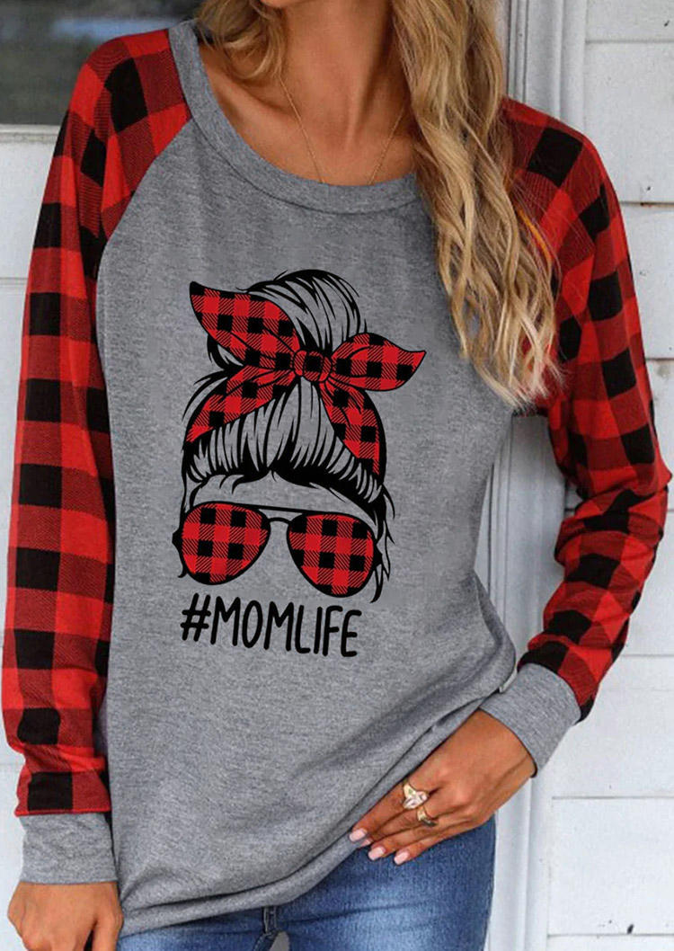 

Momlife Plaid Long Sleeve O-Neck T-Shirt Tee - Gray, SCM007860