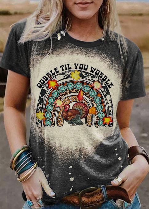 Thanksgiving Gobble Til You Wobble Turkey Bleached T-Shirt Tee - Dark Grey