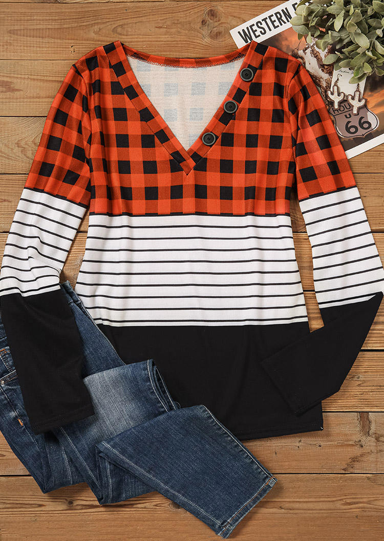 Buffalo Plaid Striped Color Block Button V-Neck Blouse
