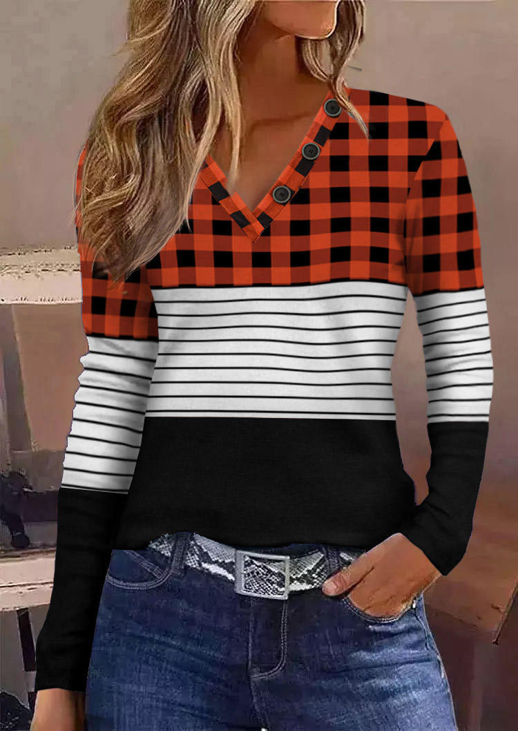 

Buffalo Plaid Striped Color Block Button V-Neck Blouse, Multicolor, SCM007963