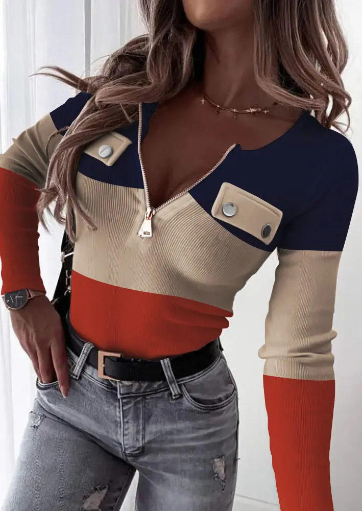

Color Block Decorative Fake Pocket Zipper Blouse, Multicolor, SCM008011