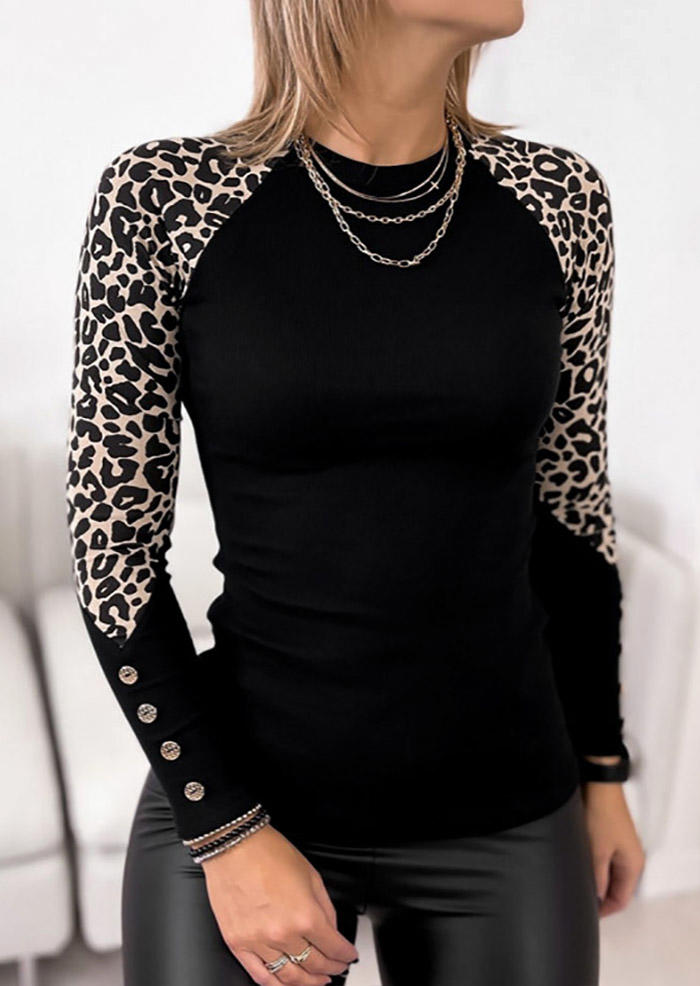 Leopard Button Long Sleeve O-Neck Blouse - Black
