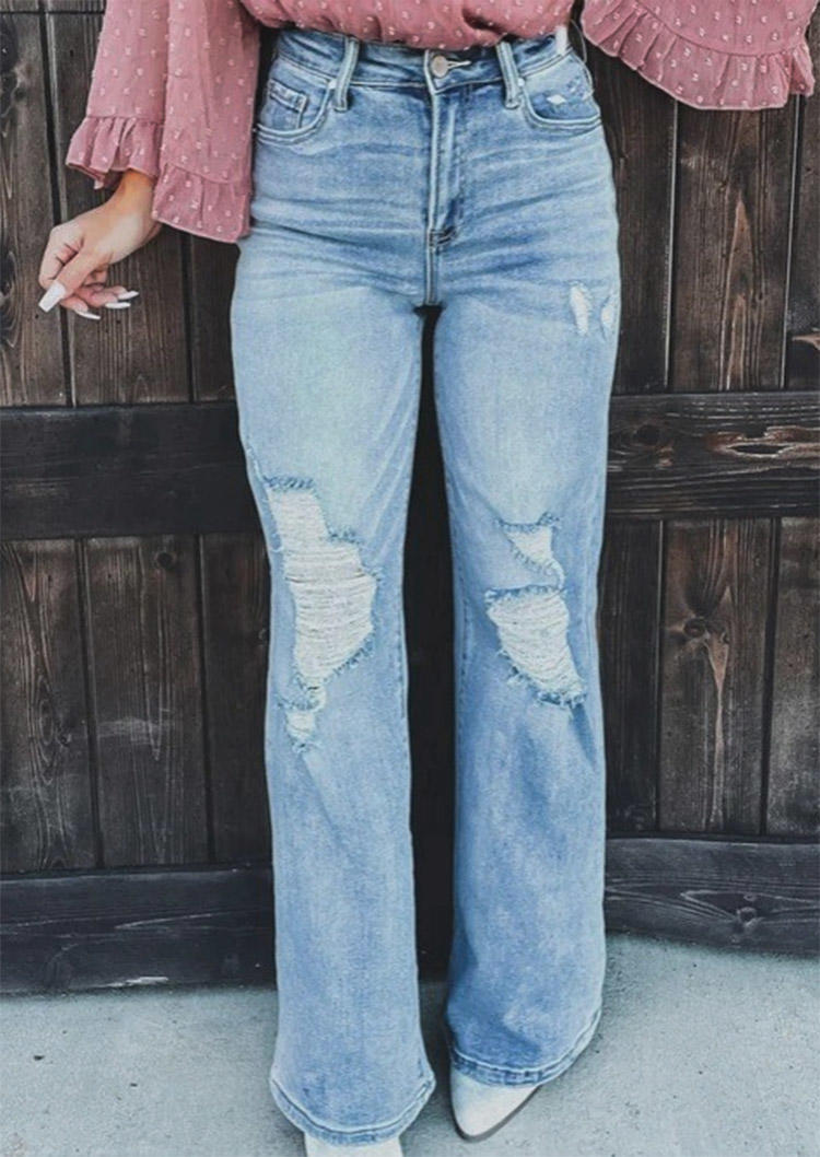 

Button Ripped Hole High Waist Denim Jeans - Blue, SCM008129