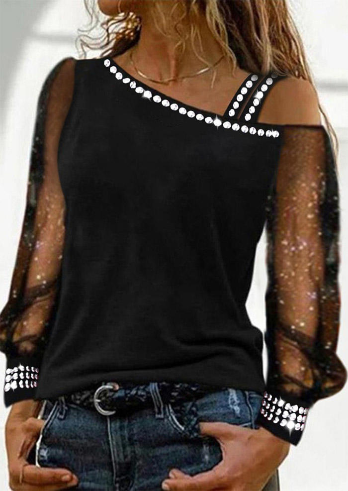 

Rhinestone Mesh Splicing Blouse - Black, SCM008139