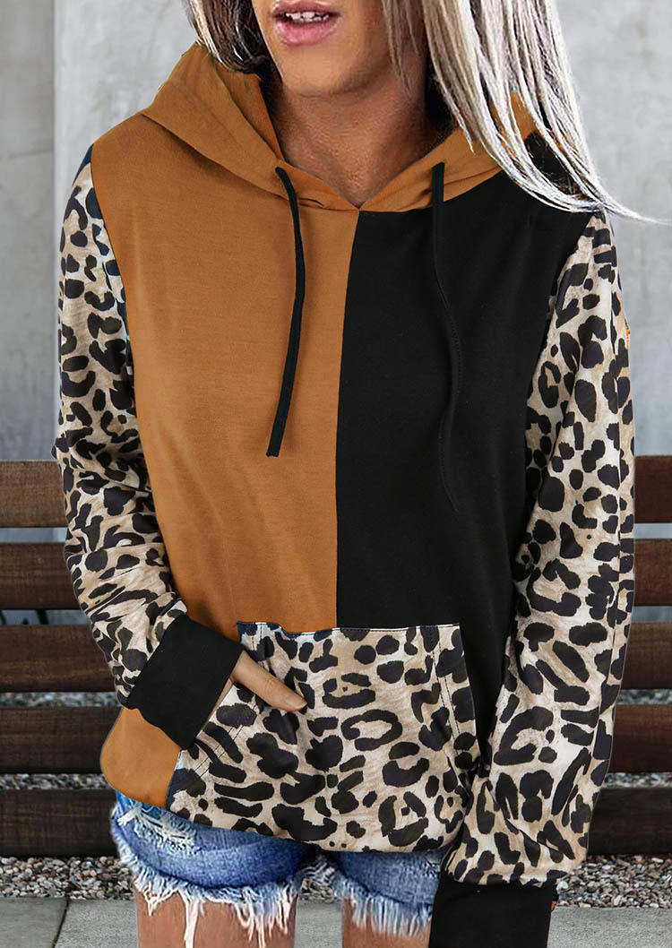 

Leopard Color Block Drawstring Kangaroo Pocket Hoodie, Multicolor, SCM008202