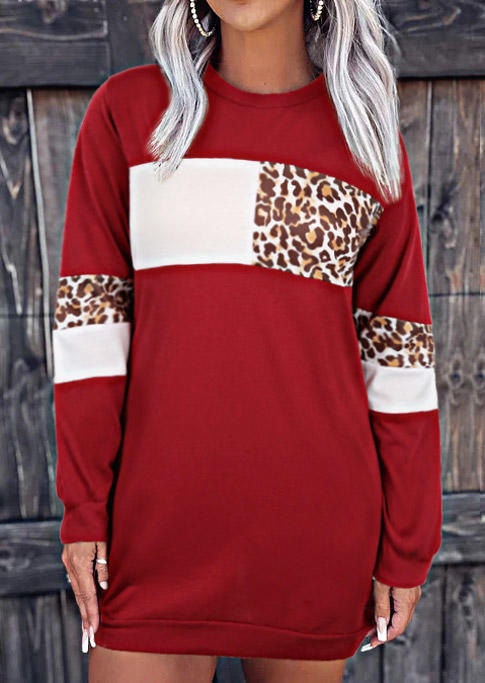 Color Block Leopard Long Sleeve Mini Dress - Burgundy