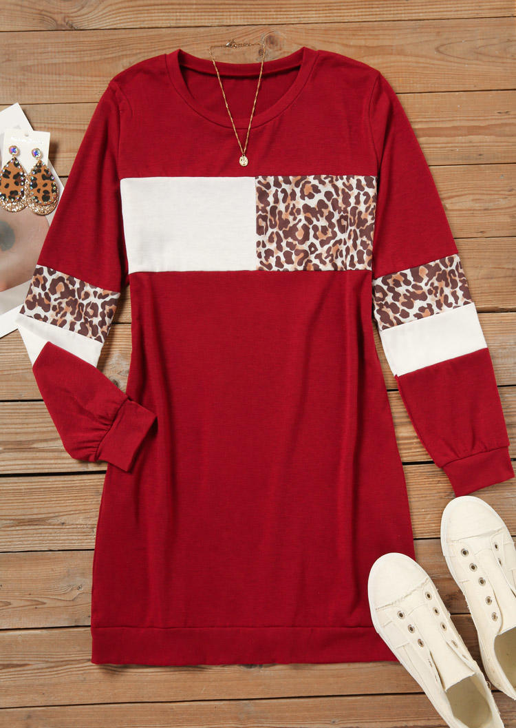 Color Block Leopard Long Sleeve Mini Dress - Burgundy