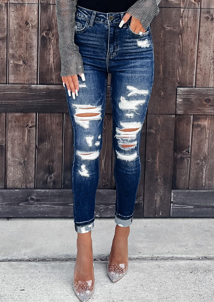 

Ripped Hole Button Pocket Denim Jeans - Blue, SCM008306