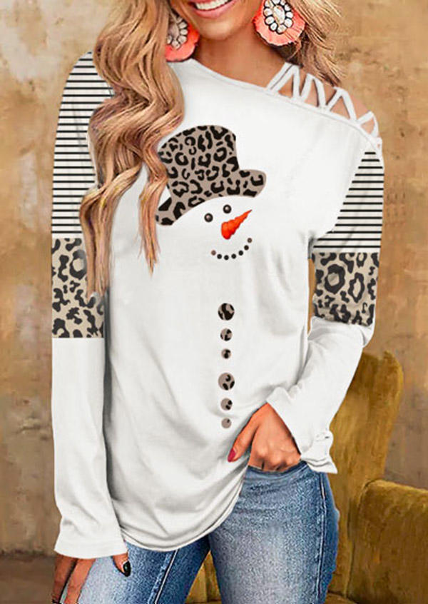 

Christmas Snowman Leopard Striped Blouse - White, SCM008307