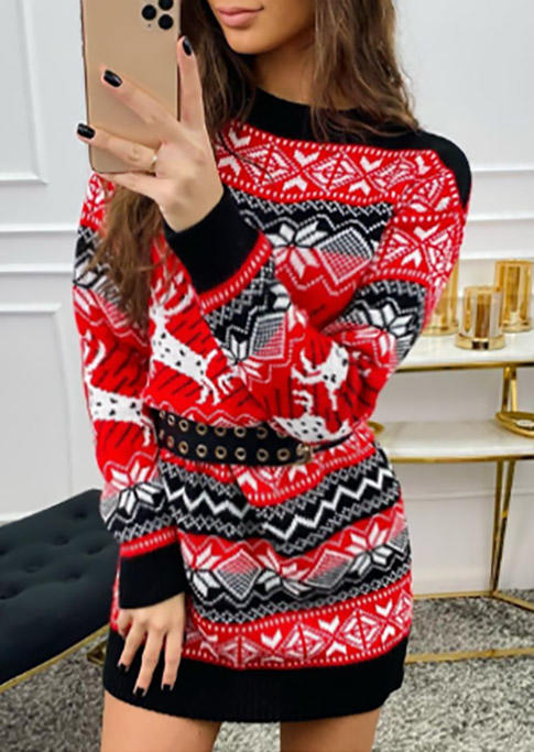 

Christmas Reindeer Snowflake Zigzag Sweater Dress - Red, SCM008366