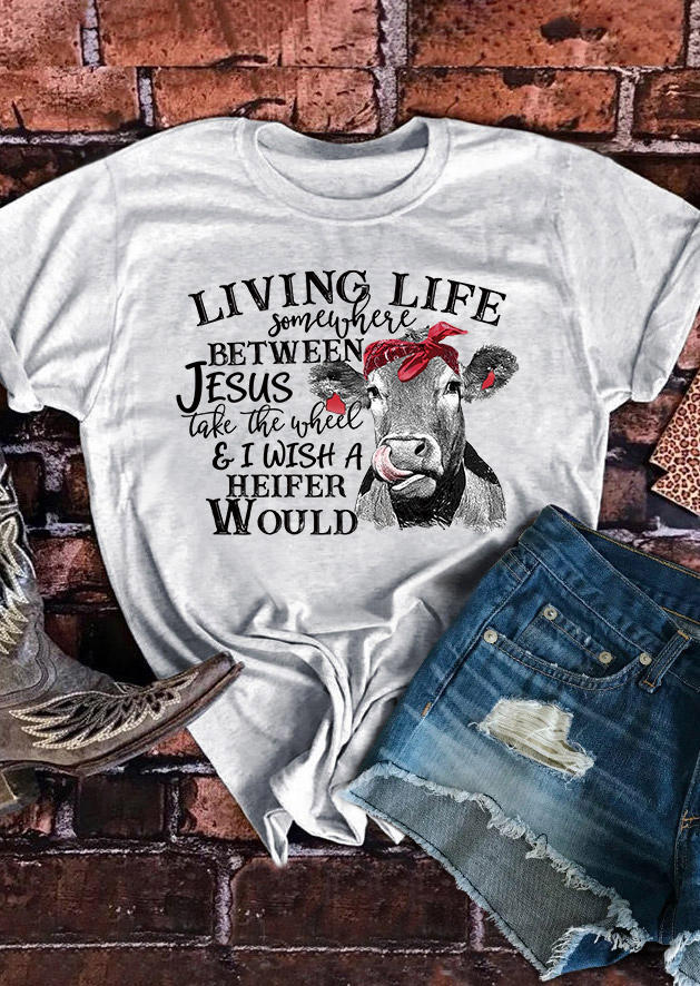 

Living Life Somewhere Between Jesus Highland Cattle T-Shirt Tee - Light Grey, Gray, SCM008372